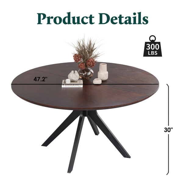 English Elm 47" Round Wood Dining Table Seats Six with Industrial Metal Base for Modern Homes Black + Dark Walnut T3623P437343
