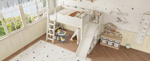 English Elm Twin Loft Bed Solid Pine Frame with Wardrobe Shelving Detachable Slide Kids Room Beige W5305S00018