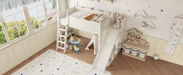 English Elm Twin Loft Bed Solid Pine Frame with Wardrobe Shelving Detachable Slide Kids Room Beige W5305S00018