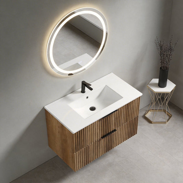 English Elm 36 Inch Floating Bathroom Vanity Fluted Wood Grain Panel with Ceramic Integrated Sink W3520S00045