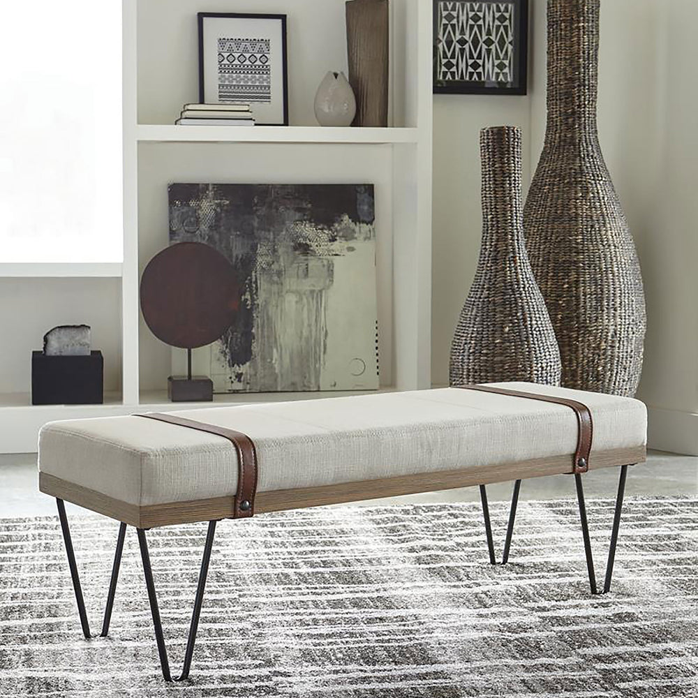 English Elm Karis Beige Upholstered Accent Bench with Nailhead Leatherette Straps, Plush Linen Look Seating for Entryway (47.25") B062P333430