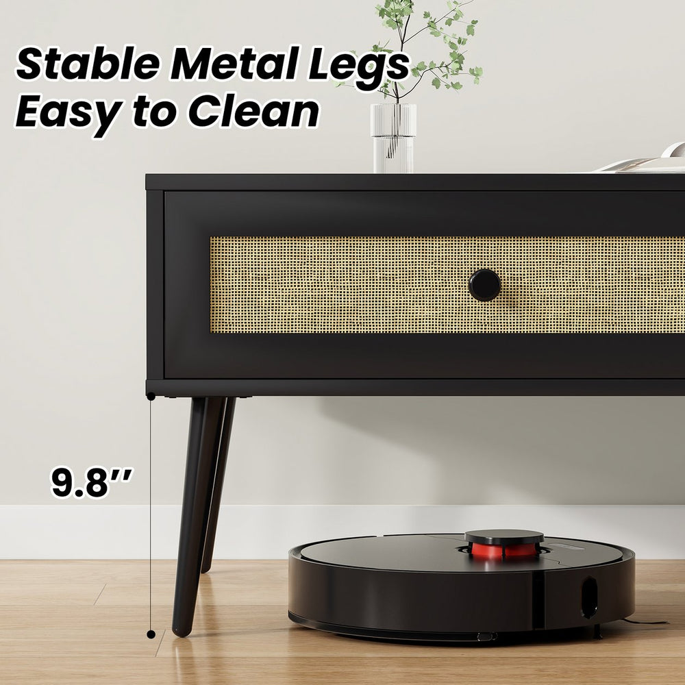 English Elm Mid-Century 47" Rectangle Console Coffee Table with Rattan Drawer & Open Shelf, Metal Legs, Black - Stylish Storage and Durable Design T3623P379996