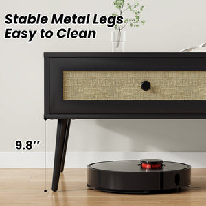 English Elm Mid-Century 47" Rectangle Console Coffee Table with Rattan Drawer & Open Shelf, Metal Legs, Black - Stylish Storage and Durable Design T3623P379996
