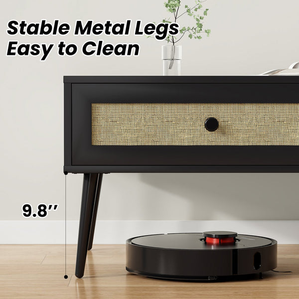 English Elm Mid-Century 47" Rectangle Console Coffee Table with Rattan Drawer & Open Shelf, Metal Legs, Black - Stylish Storage and Durable Design T3623P379996