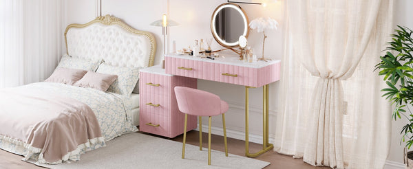 English Elm Velvet Upholstered Vanity Desk Set with Marble-Look Top, Padded Chair, 5 Spacious Drawers & Gold Accents Pink 17.5 L x 16.3 W x 16.1 H N733S272606H