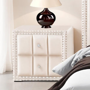 English Elm Beige Fabric Upholstered Nightstand with Channel Tufting Nailhead Trim and Crystal Knobs Beige B2741P421104