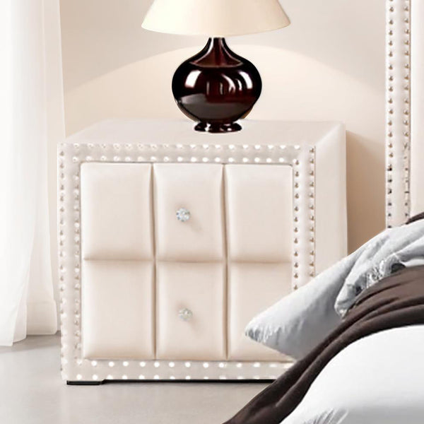English Elm Beige Fabric Upholstered Nightstand with Channel Tufting Nailhead Trim and Crystal Knobs Beige B2741P421104