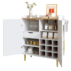 English Elm Modern Fluted Bar Cabinet with Wine Rack Glass Holders Adjustable Shelving and Hidden Drawer White N728P438606W
