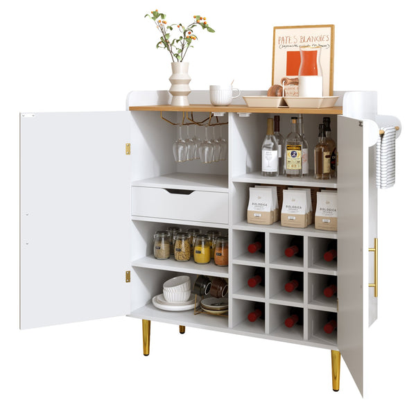 English Elm Modern Fluted Bar Cabinet with Wine Rack Glass Holders Adjustable Shelving and Hidden Drawer White N728P438606W