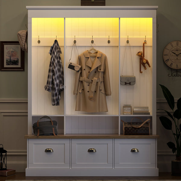 English Elm Farmhouse Hall Tree with Triple Arch Back Panel Eight Hooks Drawers and Entryway Bench White N721S000062K