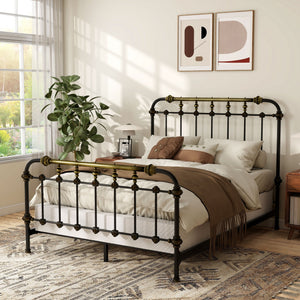 English Elm Transitional Queen Bed Ornate Metal Frame Gold Accents Old World Bedroom Elegance B2741P476062