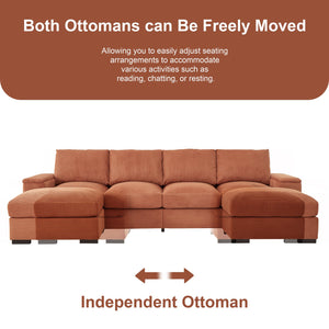 English Elm 122"l Corduroy Sectional with Dual Ottomans Modular U-shape Sofa for Modern Living Orange W1669S00022