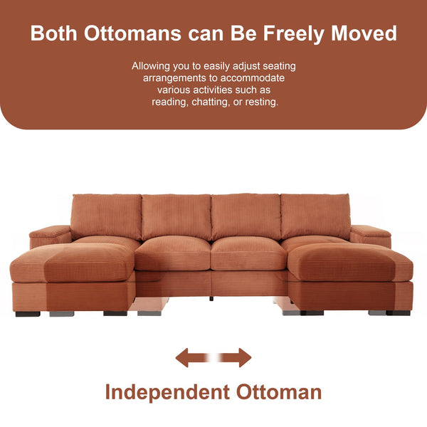 English Elm 122"l Corduroy Sectional with Dual Ottomans Modular U-shape Sofa for Modern Living Orange W1669S00022