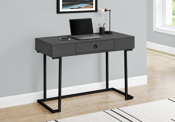 English Elm Computer Desk with Glossy Laminate Top and Black Reverse C Metal Legs, Center Drawer, Compact Elegance for Home Office Grey 47 L x 23 W x 6 H B2710P219729