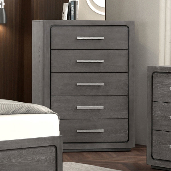 English Elm Unique Contemporary Chest with Cultured Stone Top, Reeded Panels, Silver Accents, Dovetail Drawers and Chrome Legs Warm Grey 42 L x 22 W x 56 H B2741P370873