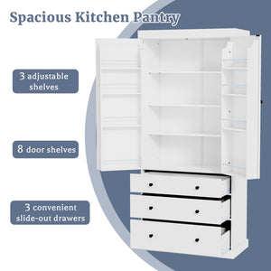 English Elm [Assembly 77in Farmhouse Kitchen Pantry Tall Freestanding Storage Cabinet with 3 Adjustable Shelves, 8 Door Shelves, 3 Drawers, Durable MDF White SP000047AAK