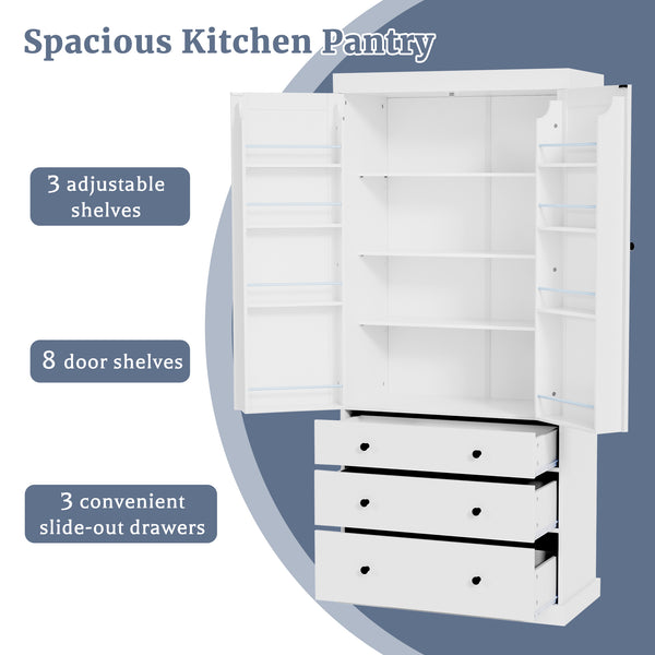 English Elm [Assembly 77in Farmhouse Kitchen Pantry Tall Freestanding Storage Cabinet with 3 Adjustable Shelves, 8 Door Shelves, 3 Drawers, Durable MDF White SP000047AAK
