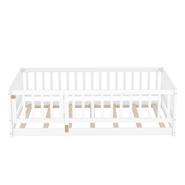 English Elm Twin Size Montessori Floor Bed With Fence & Door – Stylish, Safe, Low-Profile Design For Kids! W1820P231589-GIGA