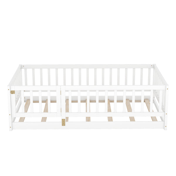 English Elm Twin Montessori Pine Floor Bed with Perimeter Fence Door and Slatted Base for Kids W1820P399071