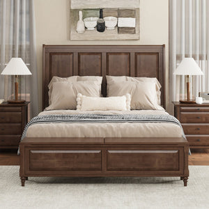 English Elm Queen Sleigh Bed Solid Rubberwood Walnut Finish Curved Headboard Footboard Storage Bench W1716S00034