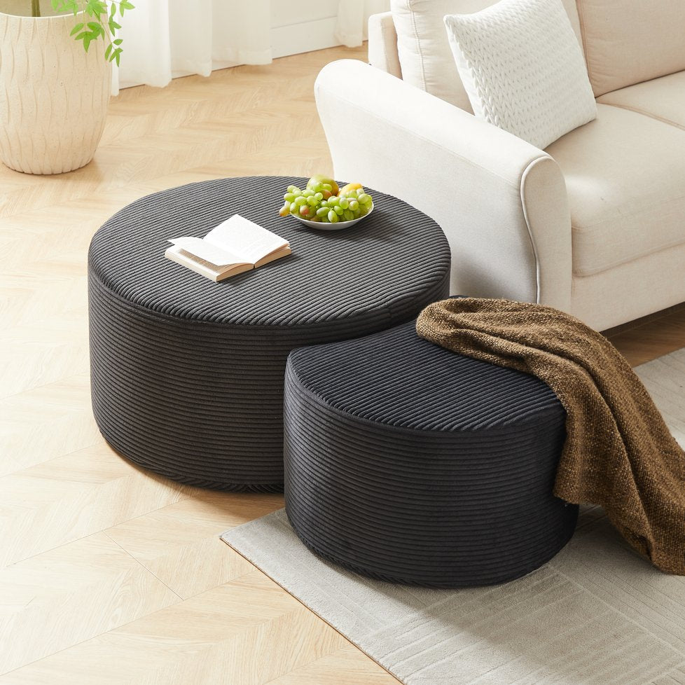 English Elm Nesting Foam Upholstered Round Coffee Tables Set of 2 — No Assembly, Multipurpose Ottoman Side Table Black W834P326380