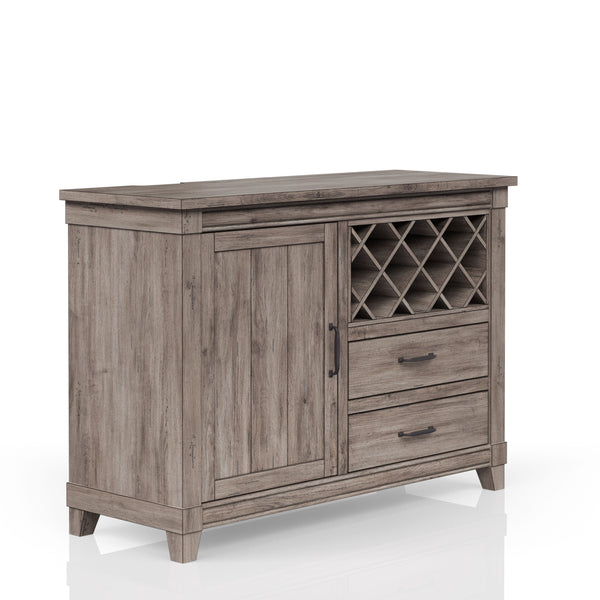 English Elm Rustic Gray Dining Server with Wine Storage, Power Ready, Dual Drawers & Two-Shelf Cabinet Elegance B2699P218275