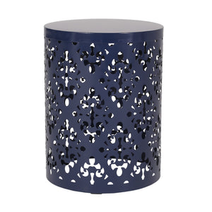 English Elm Outdoor Iron Accent Table Laser Cut Floral Cylinder Design for Patio or Balcony Navy Blue 73605.00NBLU