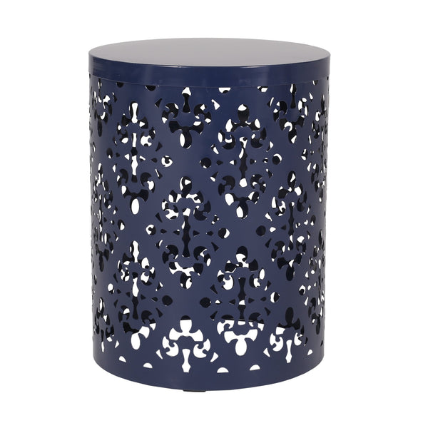 English Elm Outdoor Iron Accent Table Laser Cut Floral Cylinder Design for Patio or Balcony Navy Blue 73605.00NBLU