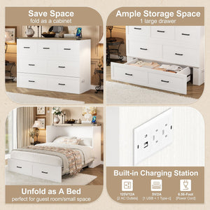 English Elm Murphy Full-Size Cabinet Bed with Built-In Charging Station, Storage Drawer & 700lb Capacity Comfort White 57.25 L x 27 W x 6 H N733S293997W