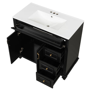 English Elm 36" Modern Bathroom Vanity with Ceramic Sink, Gold Handles, Flip-Out Drawer & Soft-Close Doors Black N725P283623B