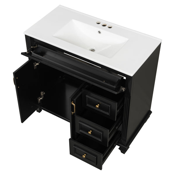 English Elm 36" Modern Bathroom Vanity with Ceramic Sink, Gold Handles, Flip-Out Drawer & Soft-Close Doors Black N725P283623B