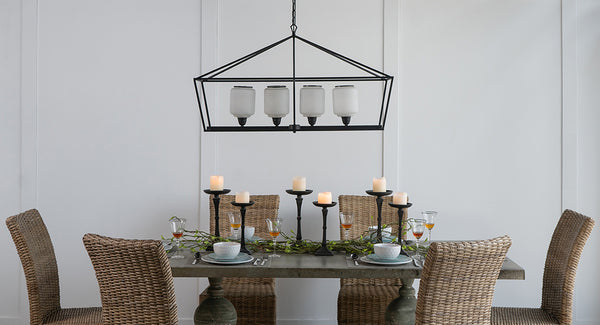 English Elm 41.7x14.2x23.8" Matte Black Iron Chandelier White Glass Panels Industrial Dining Foyer W2078P411229