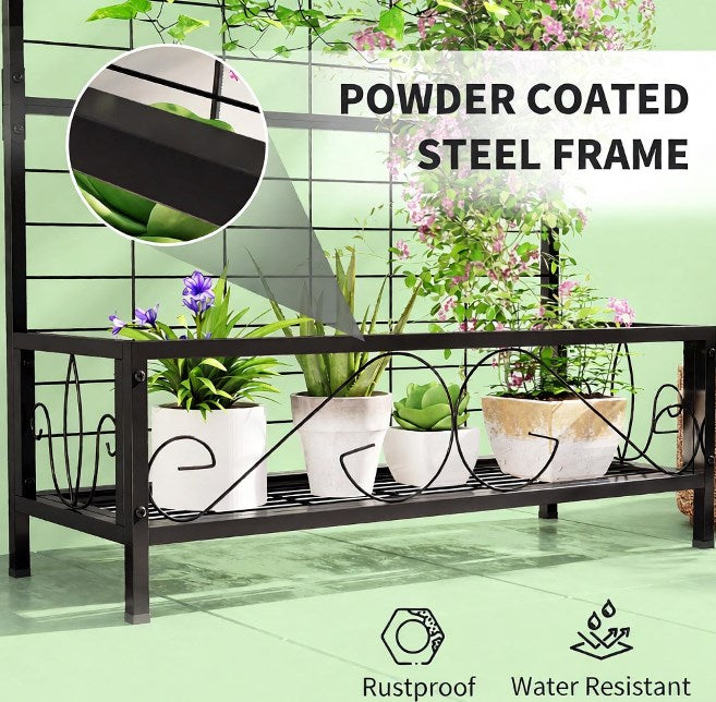 English Elm White Powder Coated Steel Tall Trellis Plant Stand with Hanging Bar for Patio Garden T3971P420878