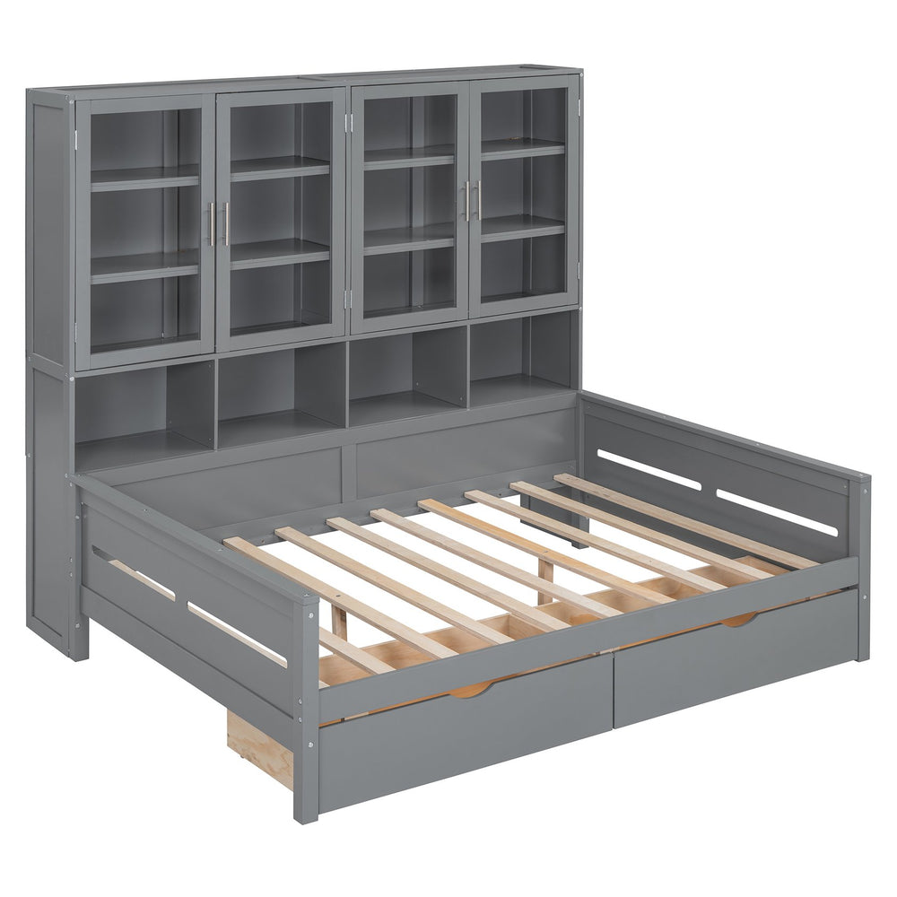 English Elm Full Size Wooden Daybed With Stylish Led Lighting, Glass Storage Cabinets & Versatile Shelves In Gray N820S00051E