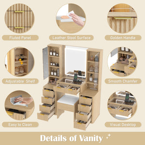 English Elm 43.5" Fluted Makeup Vanity with Led Mirror Glass Top Gold Hardware and Storage Stool Oak N704G202305N