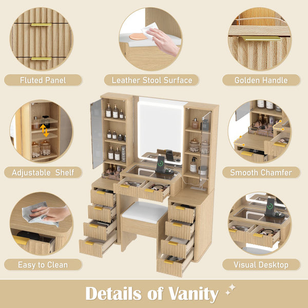 English Elm 43.5" Fluted Makeup Vanity with Led Mirror Glass Top Gold Hardware and Storage Stool Oak N704G202305N