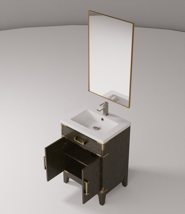 English Elm Brown Oak Single Bath Vanity 24" W x 18" D with Acrylic Top, 18" Mirror & Chrome Gooseneck Faucet Set B2731S02000