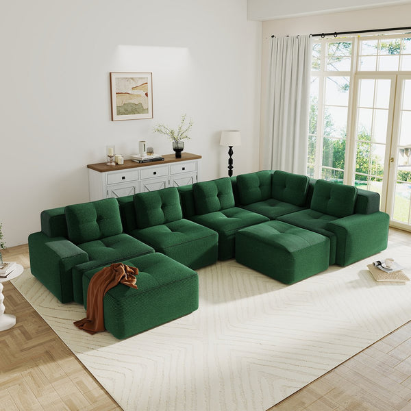 English Elm Modular Corduroy Sectional Sofa V Shaped 5 Seat Living Room Couch with Ottoman Green W714S01583