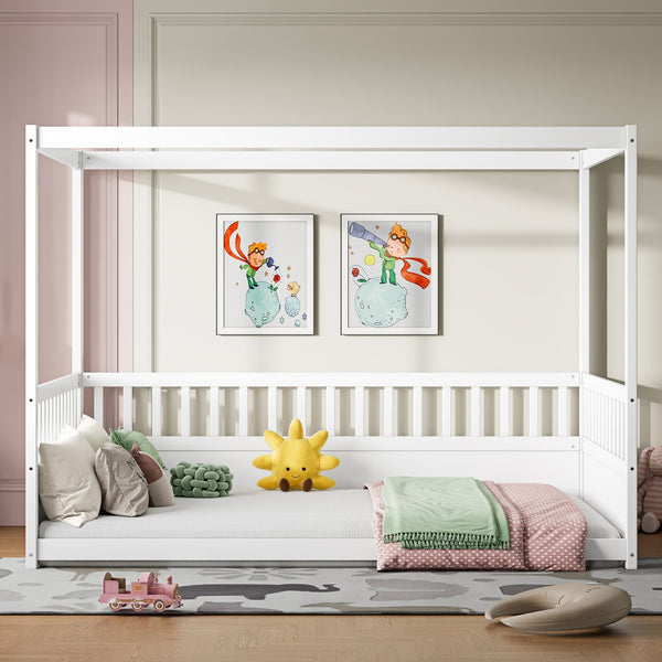English Elm Full Canopy Bed Frame with Guardrails for Kids Full Size Pine Wood Montessori Floor Bed Cozy Canopy White W1858P252840