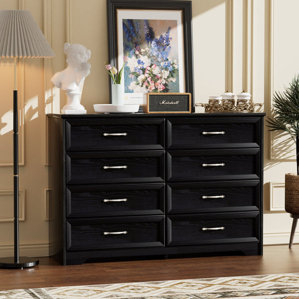 English Elm Modern Elegant Chest of Drawers with Antique Gold Knobs, 8-Drawer Durable Clothes Organizer, Waterproof Finish Black W1668P182256