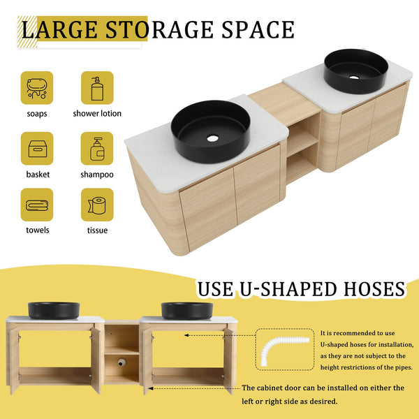 English Elm 72'' Wall-Mounted Bathroom Vanity With Elegant Ceramic Sink, Smart Storage, Soft-Close Doors & More W999S00478