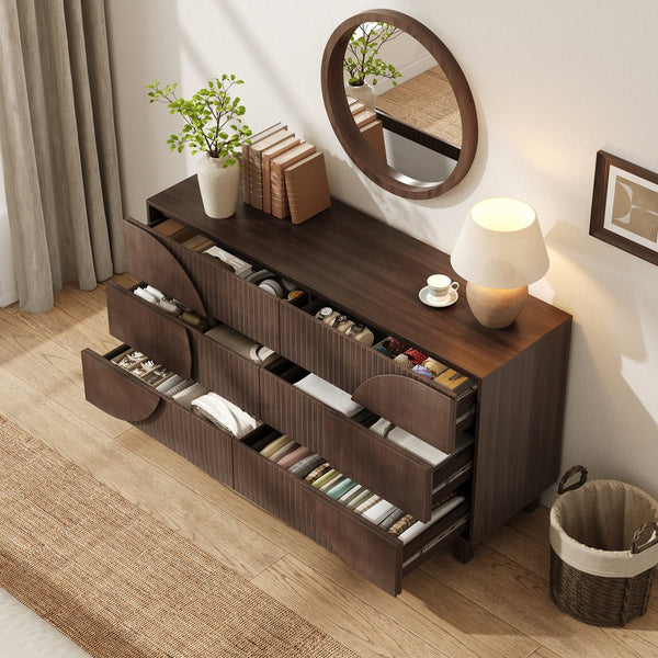 English Elm Modern Fluted 6 Drawer Dresser with Solid Wood Legs Japandi Chest for Bedroom Dark Brown N739S0000015D