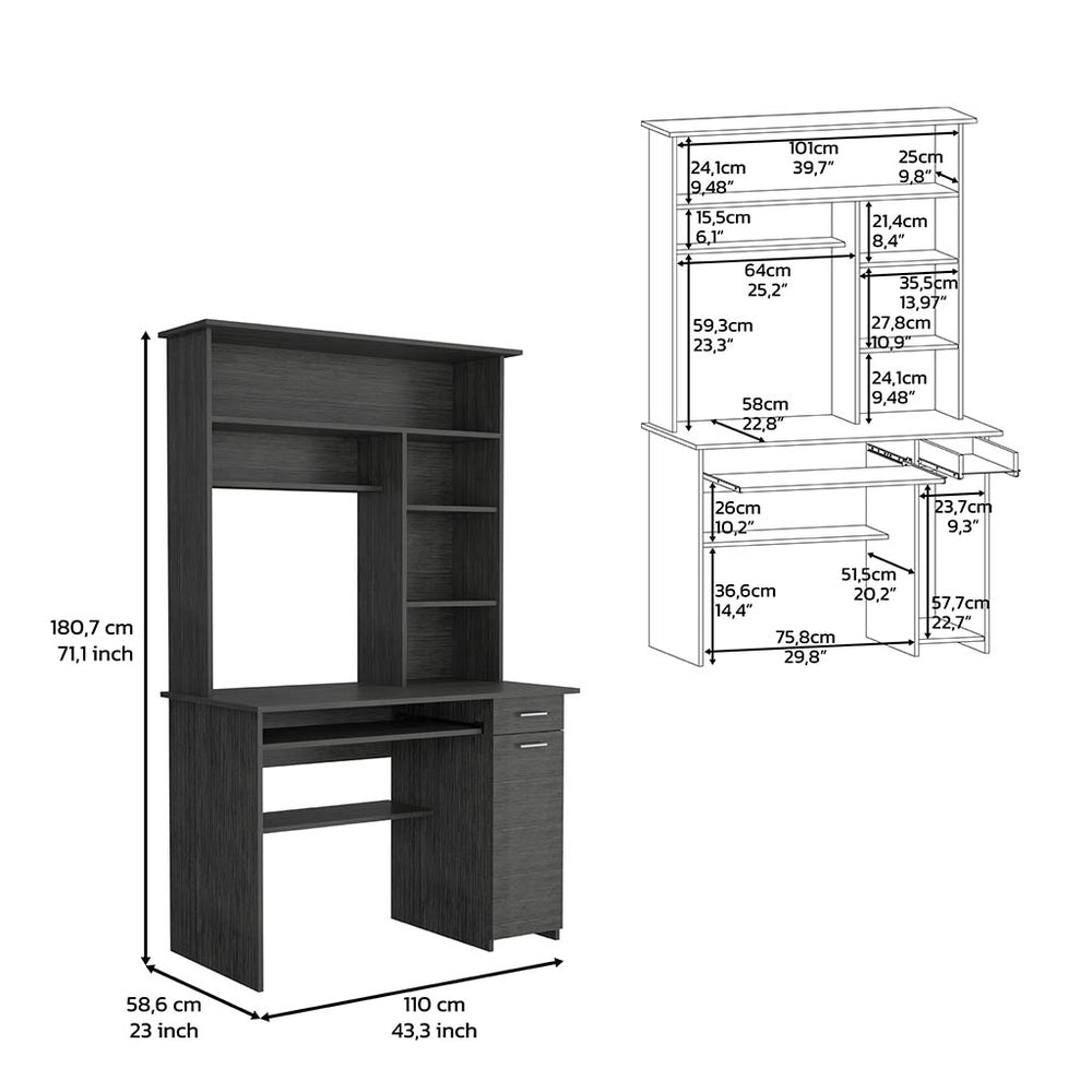 English Elm Compu Engineered Wood Hutch Desk with Keyboard Tray, CPU Door Panel, Five Shelves & Drawer Smoke Grey 35 L x 24 W x 5 H B097S00146