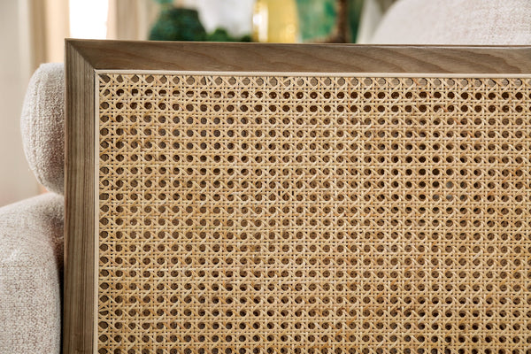 English Elm Mid-Century Beige Chair with Bolster Pillow, Ash Wood Legs & Rattan Panel — Retro Modern Comfort B2741P378636