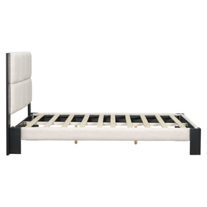 English Elm Christopher Knight Home® - Boucle Queen Upholstered Bed Frame with Square-Stitched Headboard, Beige Fabric & Black Legs - Cozy Platform Design N758Q545253A
