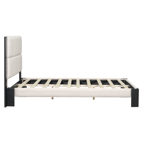 English Elm Christopher Knight Home® - Boucle Queen Upholstered Bed Frame with Square-Stitched Headboard, Beige Fabric & Black Legs - Cozy Platform Design N758Q545253A