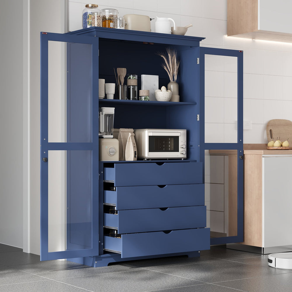 English Elm Topmax Solid Pine Pantry Cabinet with Glass Doors Four Drawers Kitchen Storage SP000086AAC