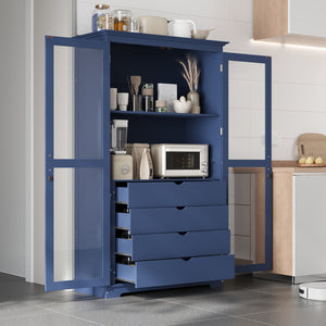 English Elm Topmax Solid Pine Pantry Cabinet with Glass Doors Four Drawers Kitchen Storage SP000086AAC