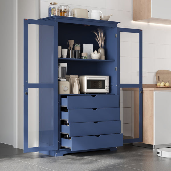 English Elm Topmax Solid Pine Pantry Cabinet with Glass Doors Four Drawers Kitchen Storage SP000086AAC