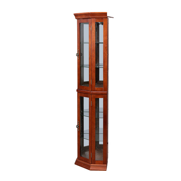 English Elm Corner Curio Cabinet Lighted Display with Mirrored Back, Adjustable Tempered Glass Shelves, Walnut W1693111239